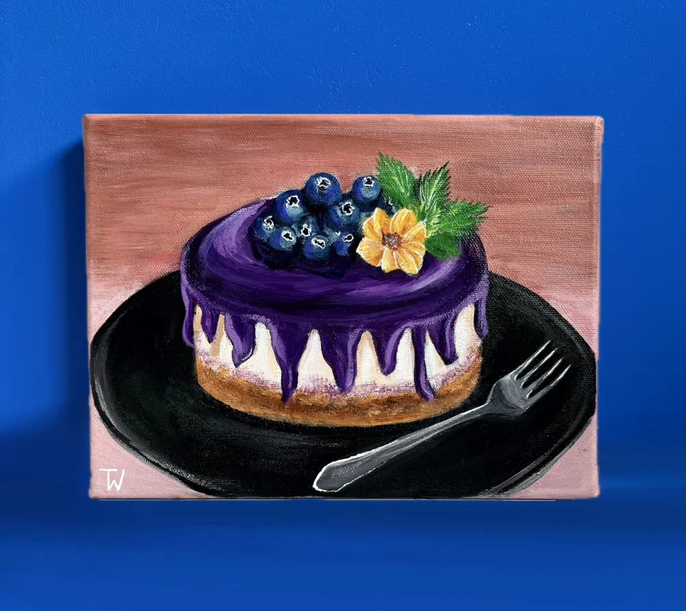 Painting by Brushed by Tess: a blueberry tart on a blue background